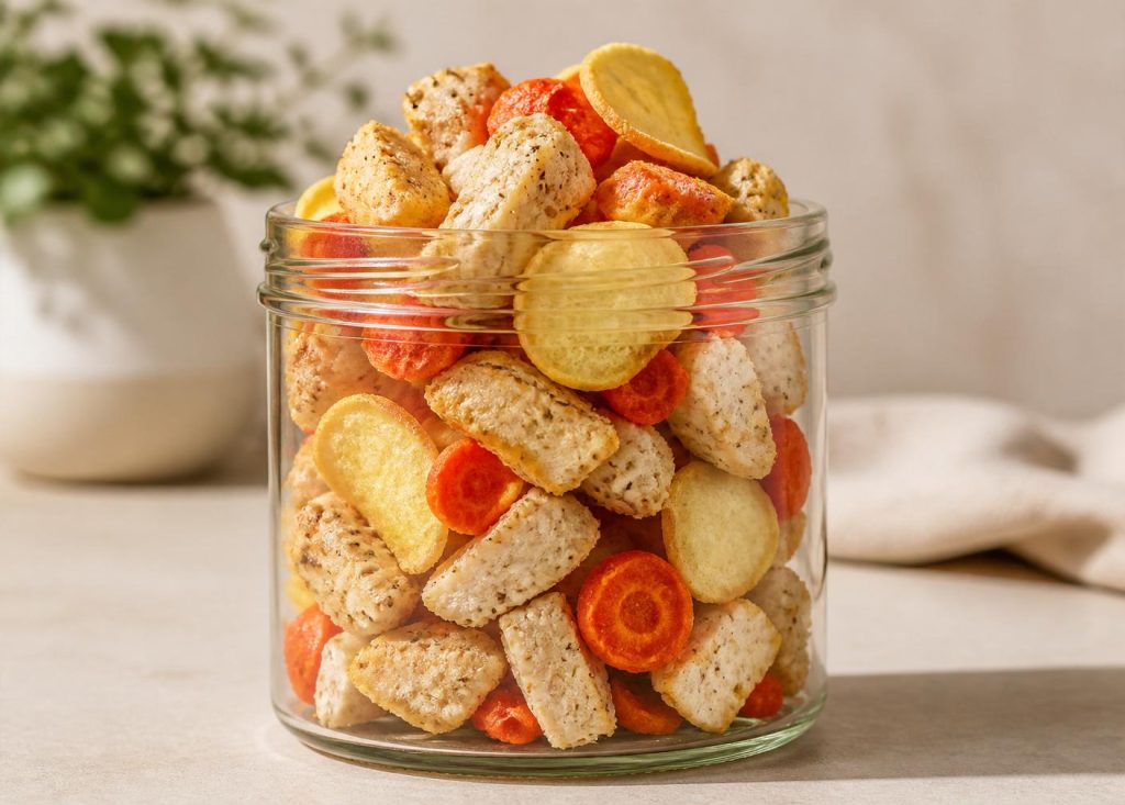 Pote cheio de snacks liofilizados salgados: peito de frango temperado, batatas e cenouras
